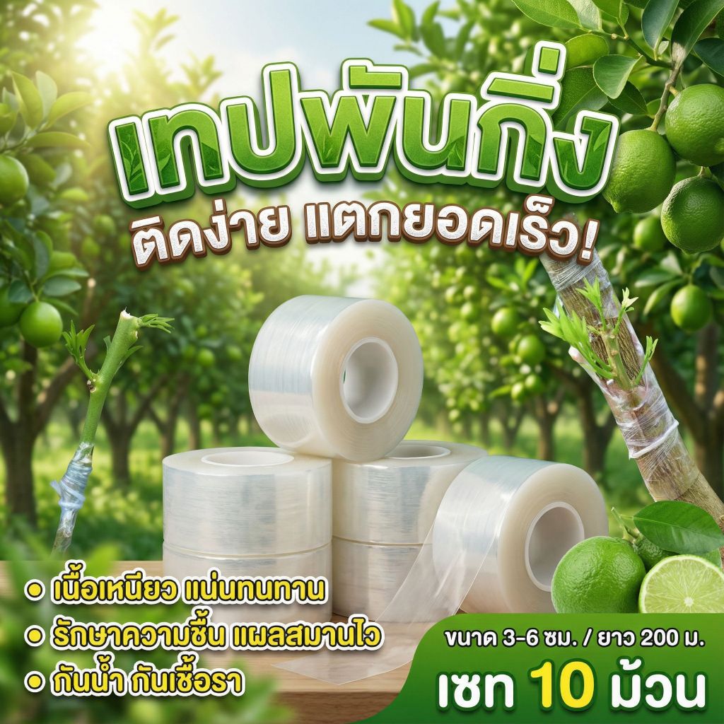 จัดเซท! เทปพันกิ่ง PE ยาว 200 เมตร ราคาโรงงาน เลือกได้เซท 5 หรือ 10 ม้วน หน้ากว้าง 3-6 ซม. เนื้อฟิล์มใส เหนียวทนทาน ย่อย
