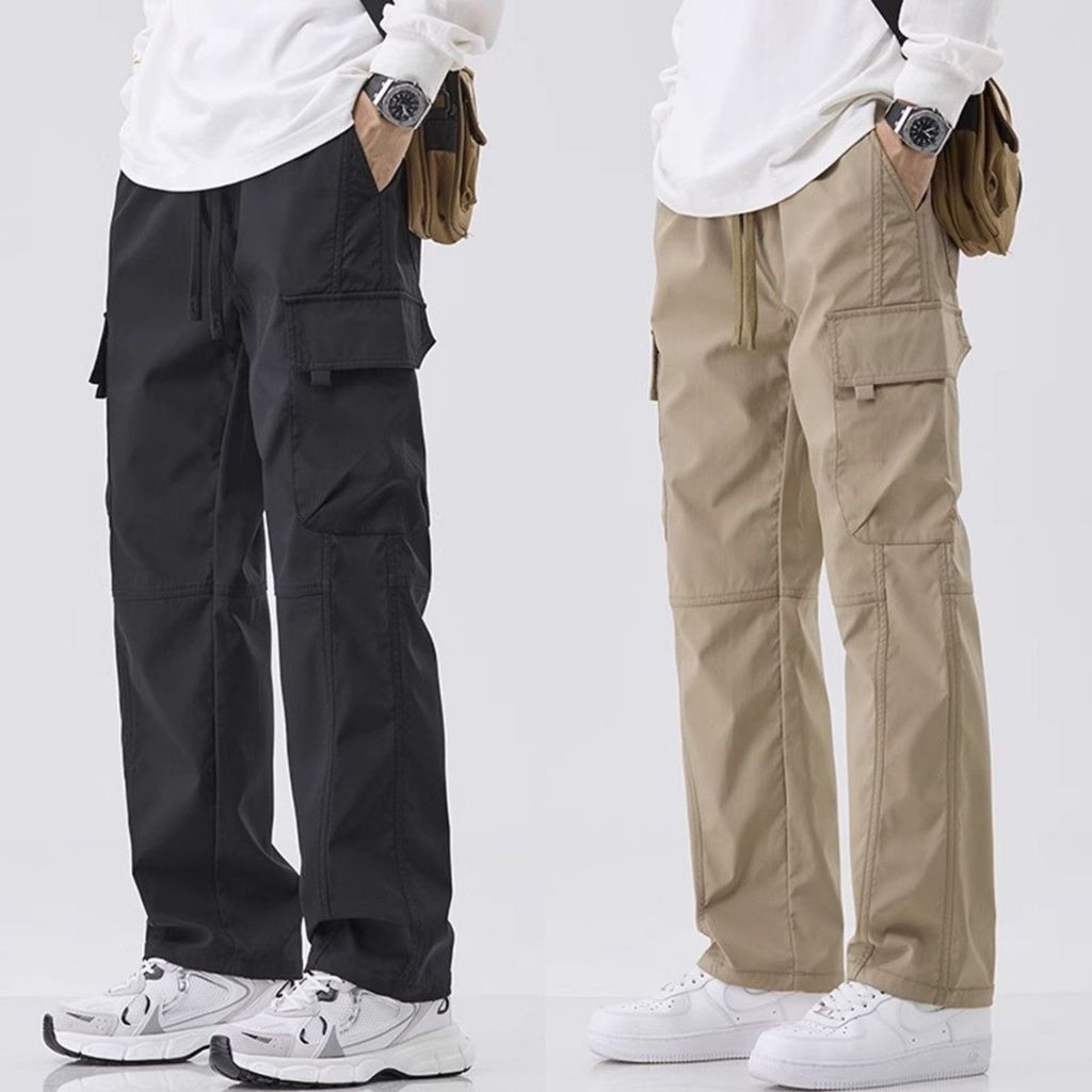 กางเกงคาร์โก้สำหรับผู้ชาย ทรงหลวม สไตล์เรโทร ดีไซน์หลายกระเป๋า มีบริการเก็บเงินปลายทาง