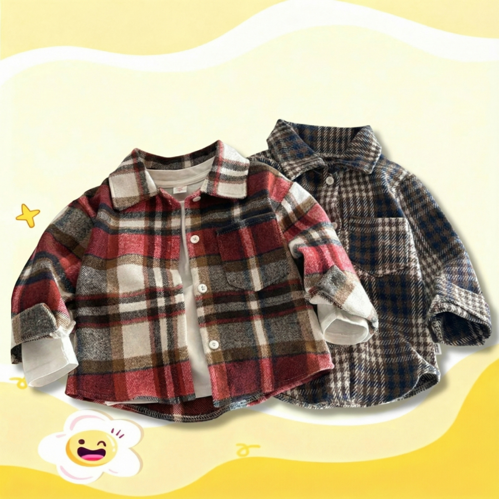 เสื้อเชิ้ตเด็ก แขนยาว ลายสก๊อต เสื้อเชิ้ตลำลอง สไตล์เกาหลี ไซส์：110-140 พร้อมส่งในไทย🌈LH5114🌈