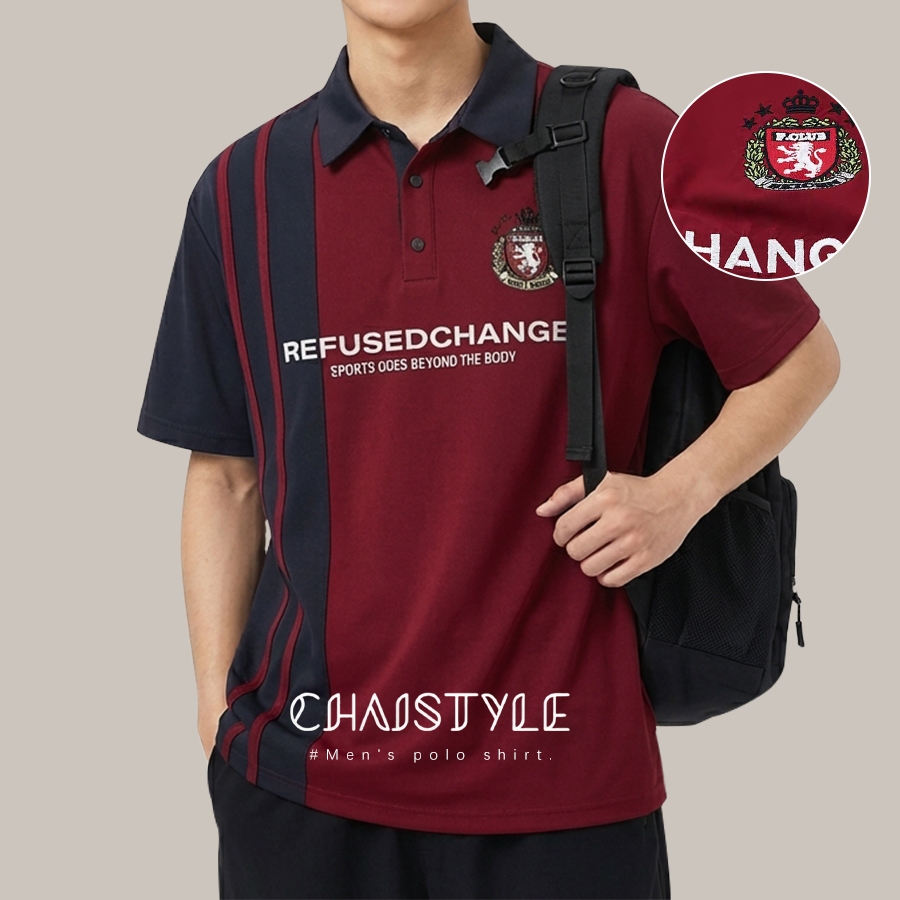 Chaistyle เสื้อโปโลชายตัดตามสีแนวสปอร์ตวินเทจแบบอเมริกัน เสื้อพิมพ์ลาย หลวม สวมได้ทั้งผู้ชายและผู้หญิง