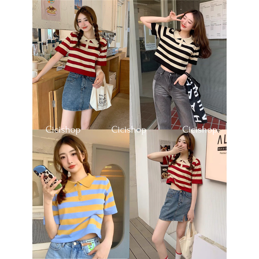 Cicishop(2636)เสื้อครอปไหมพรมแขนสั้นลายทางคอปก น่ารัก แมทช์ชุดง่าย สไตล์เกาหลีเก๋ไก๋