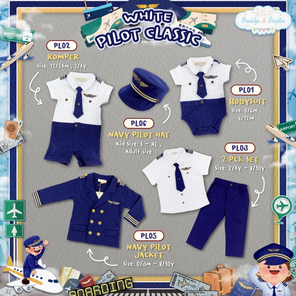 Brooklyn & Brighton - White Pilot Classic ชุดกัปตันคลาสสิค เด็กผู้ชายและเด็กผู้หญิง