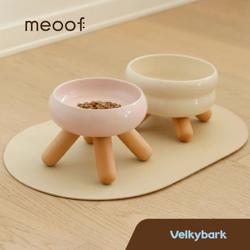VELKYBARK [พร้อมส่ง] Meoof ชามอาหารสุนัขยกสูง ชามอาหารแมวยกสูง เซรามิค ขาตั้งไม้ Slow Feeder Ceramic Pet Bowl