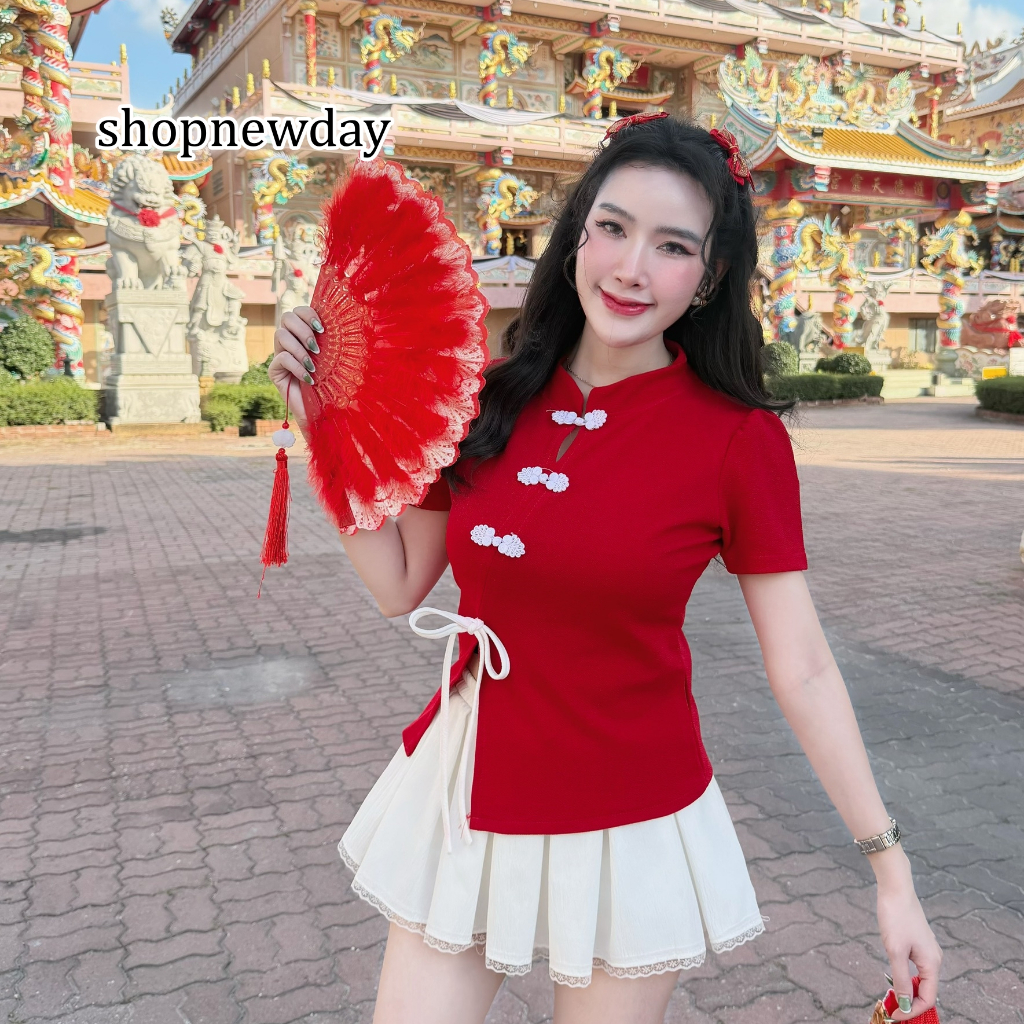 ( เฉพาะเสื้อ ) เสื้อตรุษจีน ผ้าวูลเวฟคอจีกติดกี่เพ้าหน้าผ่าหน้าแต่งโบว์ A5845