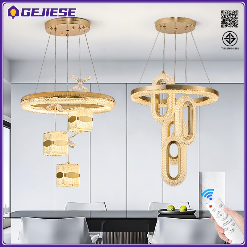 GEJIESE 3 สี LED โคมไฟระย้า ด้วยการควบคุมระยะไกล ทันสมัย โคมไฟแขวน สามารถปรับความสูงได้ โคมระย้า โคมไฟห้อย ไฟแต่งห้อง