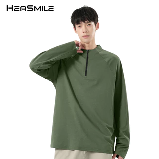 HeaSmile เสื้อแขนยาวผู้ชาย คอซิป สีเอิร์ธโทนมินิมอล ผ้าแห้งไว ระบายอากาศได้ดี ใส่สบาย ไม่ร้อน ไม่ยับง่าย (M-BKLSGCX)