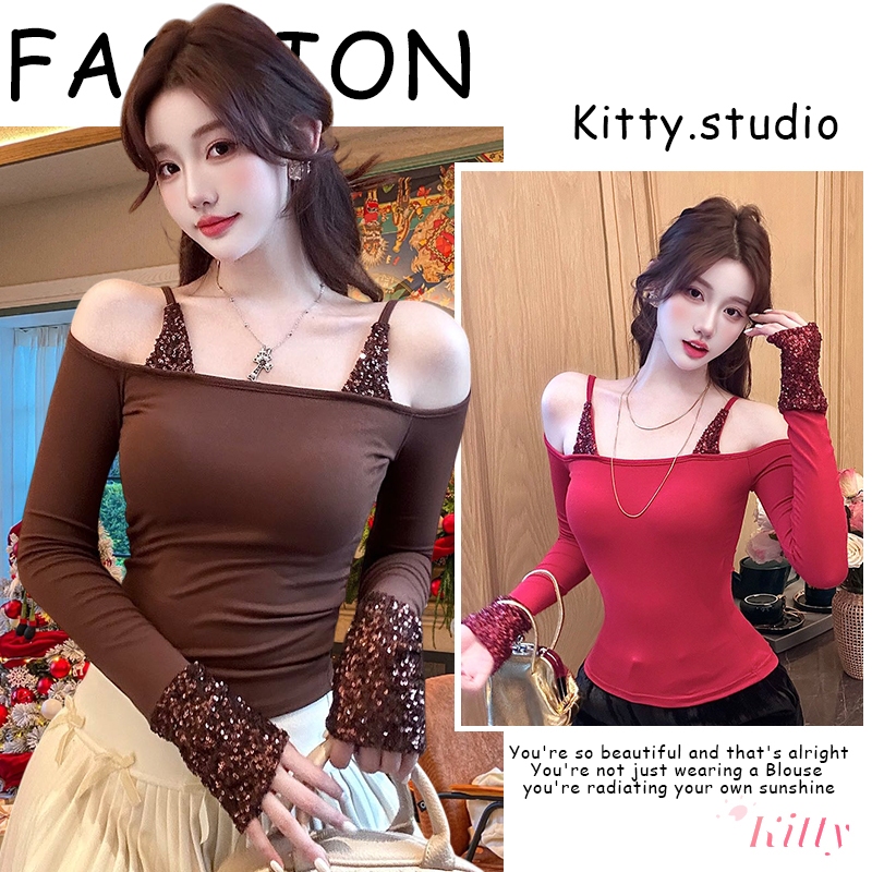 Kitty พร้อมส่ง🌸เสื้อปาดไหล่🌸แขนยาว ผู้หญิง ชุดสองชิ้น ติดกัน พร้อม ลายเลื่อมดีไซน์ เสื้อสายเดี่ยว สีแดงชุดเที่ยว