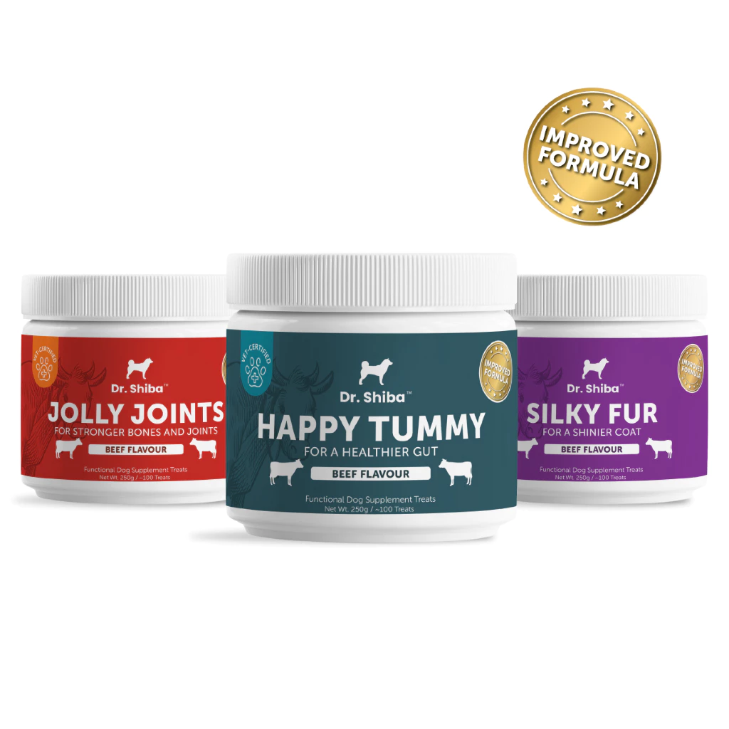*พัฒนาสูตรใหม่* แพ็คสุดคุ้ม 3 สูตร Dr. Shiba Happy Tummy, Jolly Joints และ Silky Fur ทางเดินอาหาร, กระดูก และเส้นขน