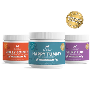 *พัฒนาสูตรใหม่* แพ็คสุดคุ้ม 3 สูตร Dr. Shiba Happy Tummy, Jolly Joints และ Silky Fur ทางเดินอาหาร, กระดูก และเส้นขน