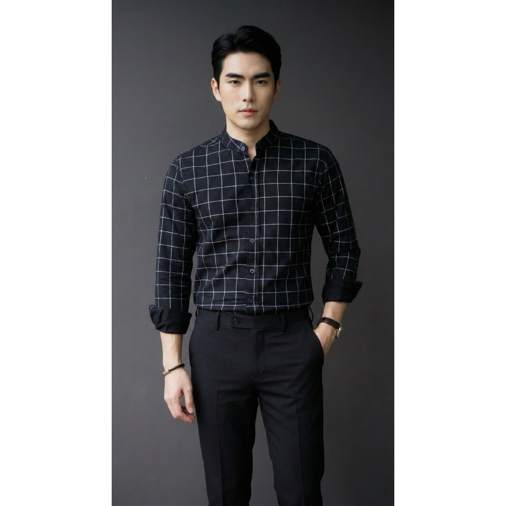 เสื้อเชิ้ตคอจีนแขนยาว  เชิ้ตใส่ทำงาน เสื้อผู้ชาย