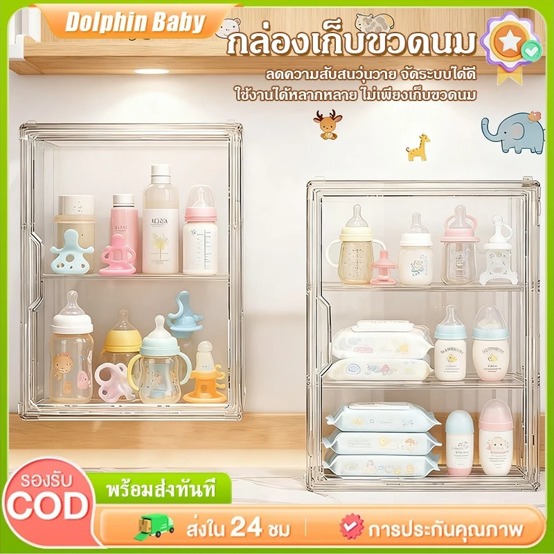 กล่องเก็บขวดนมสำหรับเด็กทารกความจุขนาดใหญ่ สามารถเก็บขวดนม ชาม ช้อน กล่องเก็บของกันฝุ่น 4 ชั้น พร้อมฝาปิด ตู้เก็บของกระจ