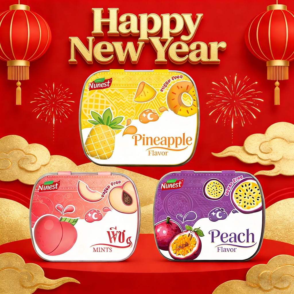 ราคาต่ำสุด Ninest ปีใหม่ ลูกอมสดชื่น(14 กรัม) น้ำตาล 0% รสผลไม้: พีช สับปะรด เสาวรส เย็นสดชื่น