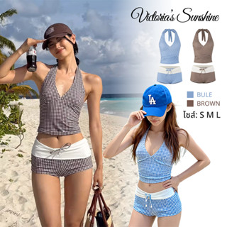 ☀️จัดส่งตอนนี้☀️swimsuit บิกินี่ ลายสก๊อต คอวีลึก เว้าหลัง ส…