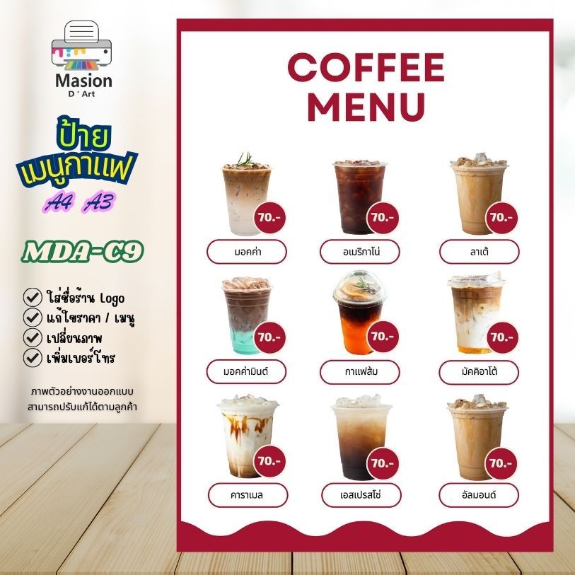 รับปริ้น ป้ายเมนูกาแฟ เคลือบแข็ง ขนาด A4 A3 แนวตั้ง สามารถปรับแก้ได้ ราคา ถูกที่สุด ดีลบีเคเค แกลเลอรีภาพที่ 9
