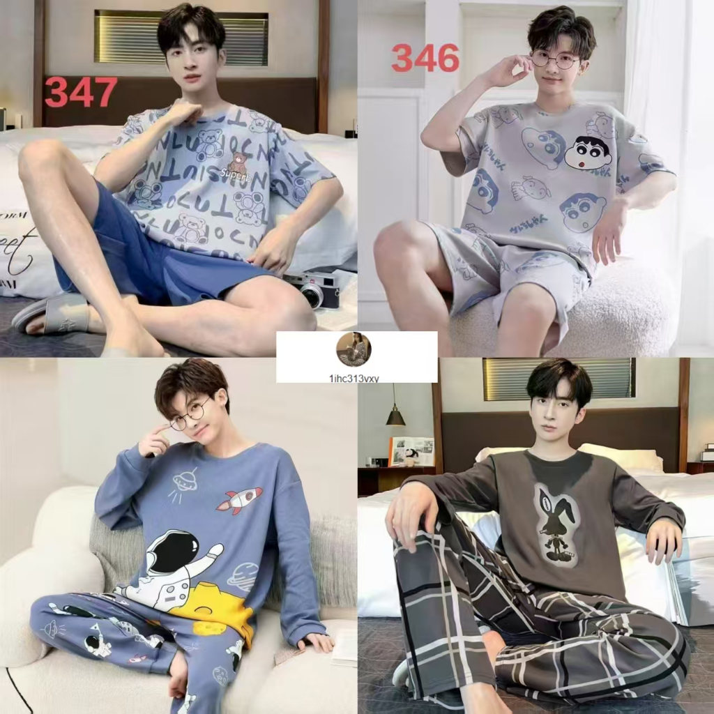 M-4XL，(ส่งมาจากประเทศไทย)ส่งมอบทันที,，ชุดนอนผู้ชายเวอร์ชั่นเกาหลี， ผ้าฝ้ายคุณภาพดี， ลายตัวอักษร， ขาสั้น+เสื้อยืดF809