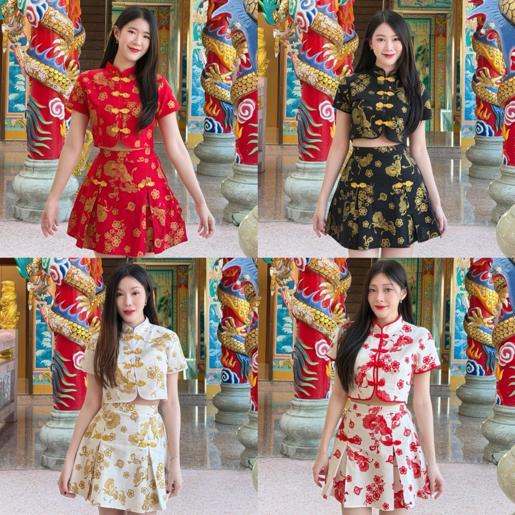 TANTANOD -รหัสCNY24 ชุดเซ็ตตรุษจีน เสื้อครอปแต่งกระดุมจีน กระโปรงสั้นแต่งกระดุมจีน(ผ้าฝ้ายพิมพ์ลายฟอกนุ่ม)