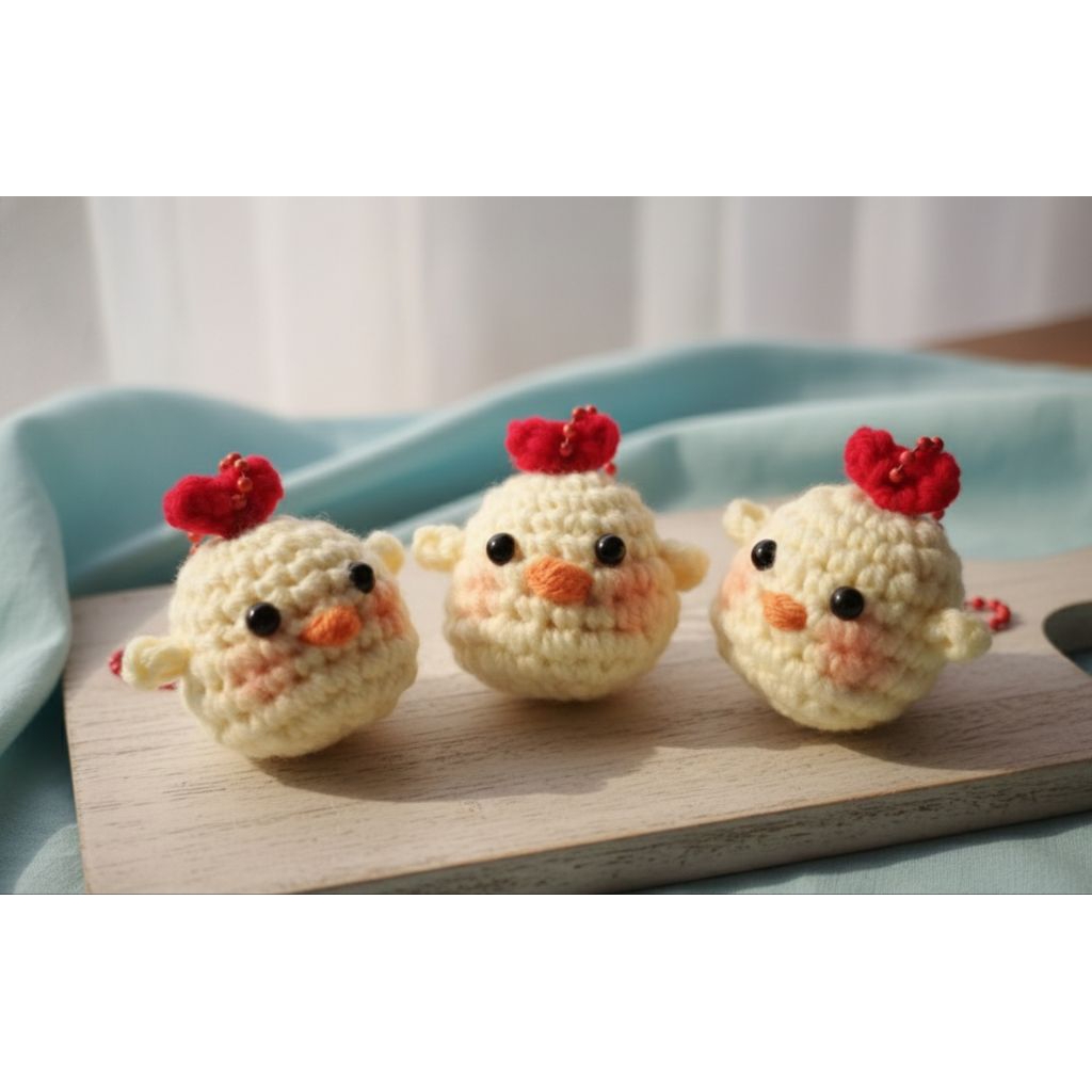 พวงกุญแจลูกไก่ถักไหมพรม แฮนด์เมด Amigurumi