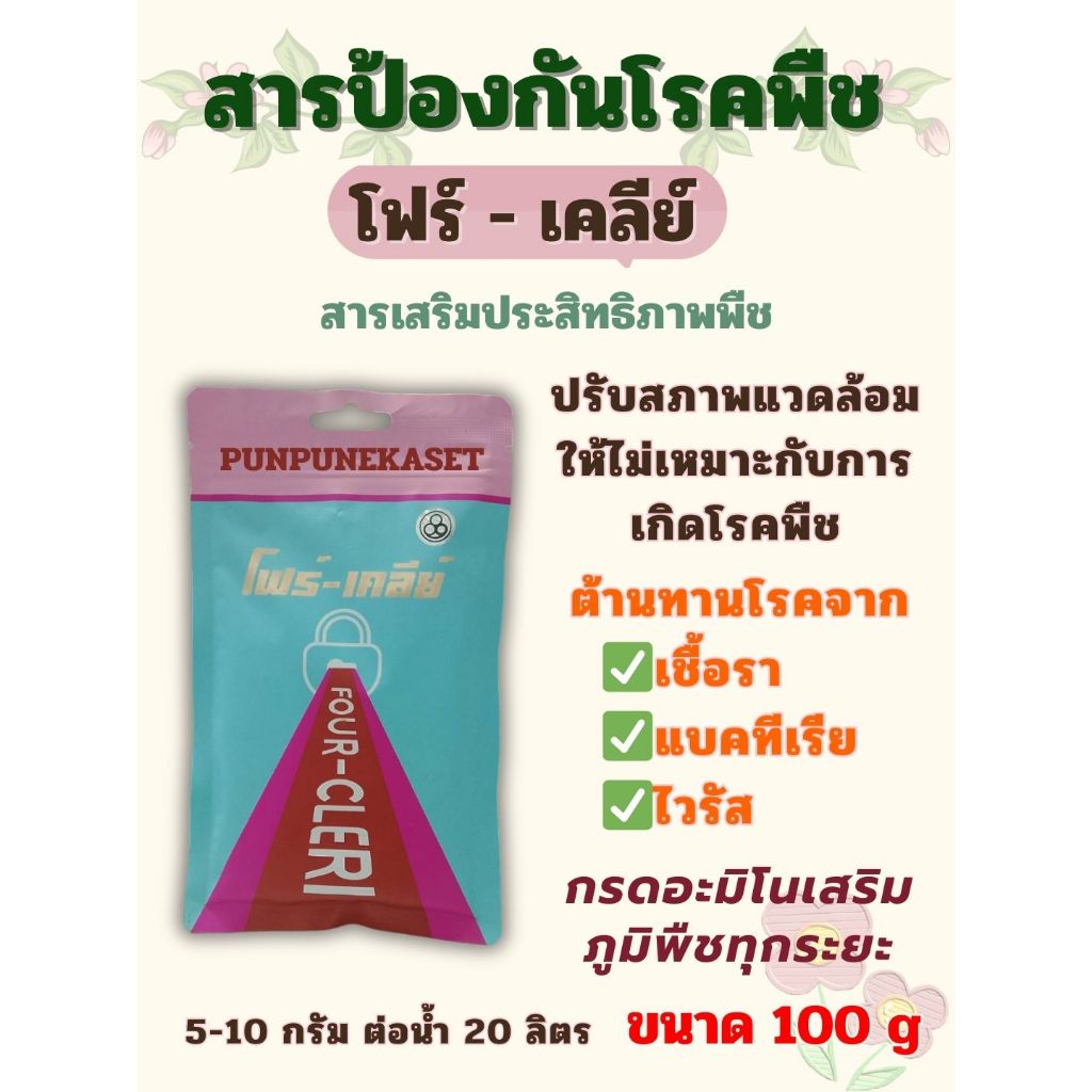 โฟร์-เคลีย์ 100 กรัม สารป้องกันกำจัดโรคพืชจากเชื้อรา แบคทีเรีย และไวรัส ใช้ได้กับพืชทุกชนิดทุกระยะ