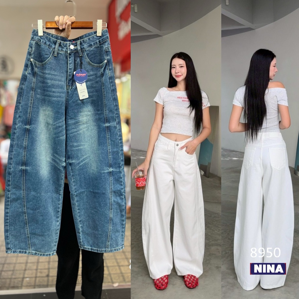 🌈𝑵𝒊𝒏𝒂.𝒋𝒆𝒂𝒏𝒔 #8950 กางเกงยีนส์ทรง บาร์เรล ผ้าไม่ยืด ทรงสวย เอวสูง ผ้าฟอกสีสวย - รูปที่ 2