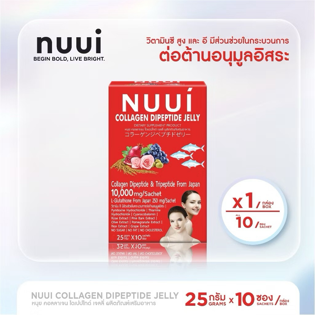 [1กล่อง10ซอง] NUUI COLLAGEN JELLY Dipeptide+Tripeptide 10,000mgหนุยคอลลาเจน ไดเปปไทด์+ไตรเปปไทด์
