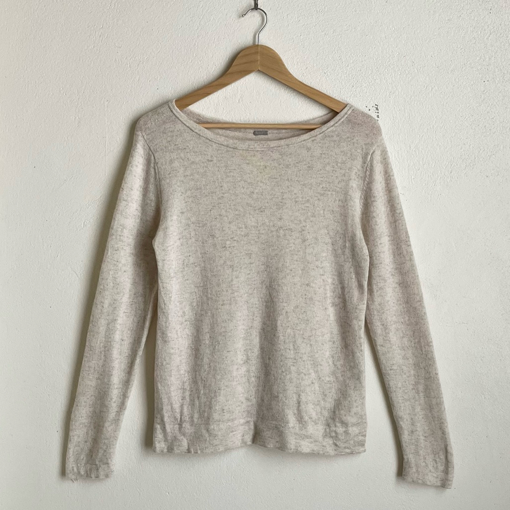 เสื้อสเวตเตอร์ไหมพรมแขนยาว สีครีม-เทา Cashmere 100% แบรนด์ MHL Margaret Howell แท้💯 Size S-M