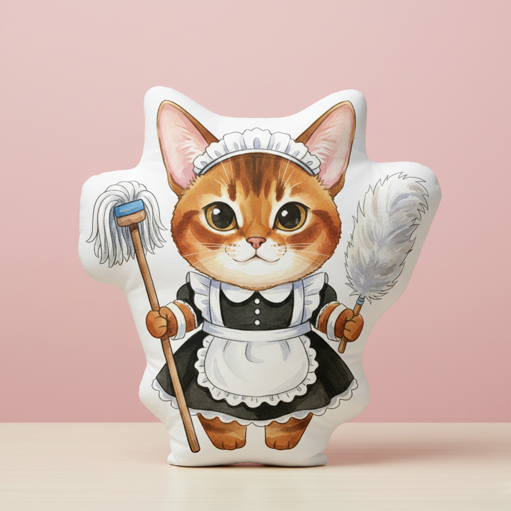 หมอนไดคัทสกรีนรูป พิมพ์2ด้าน ตุ๊กตา Pillowdoll ของขวัญวันเกิด  หมอนน้องแมว French Maid Cat Abyssinia