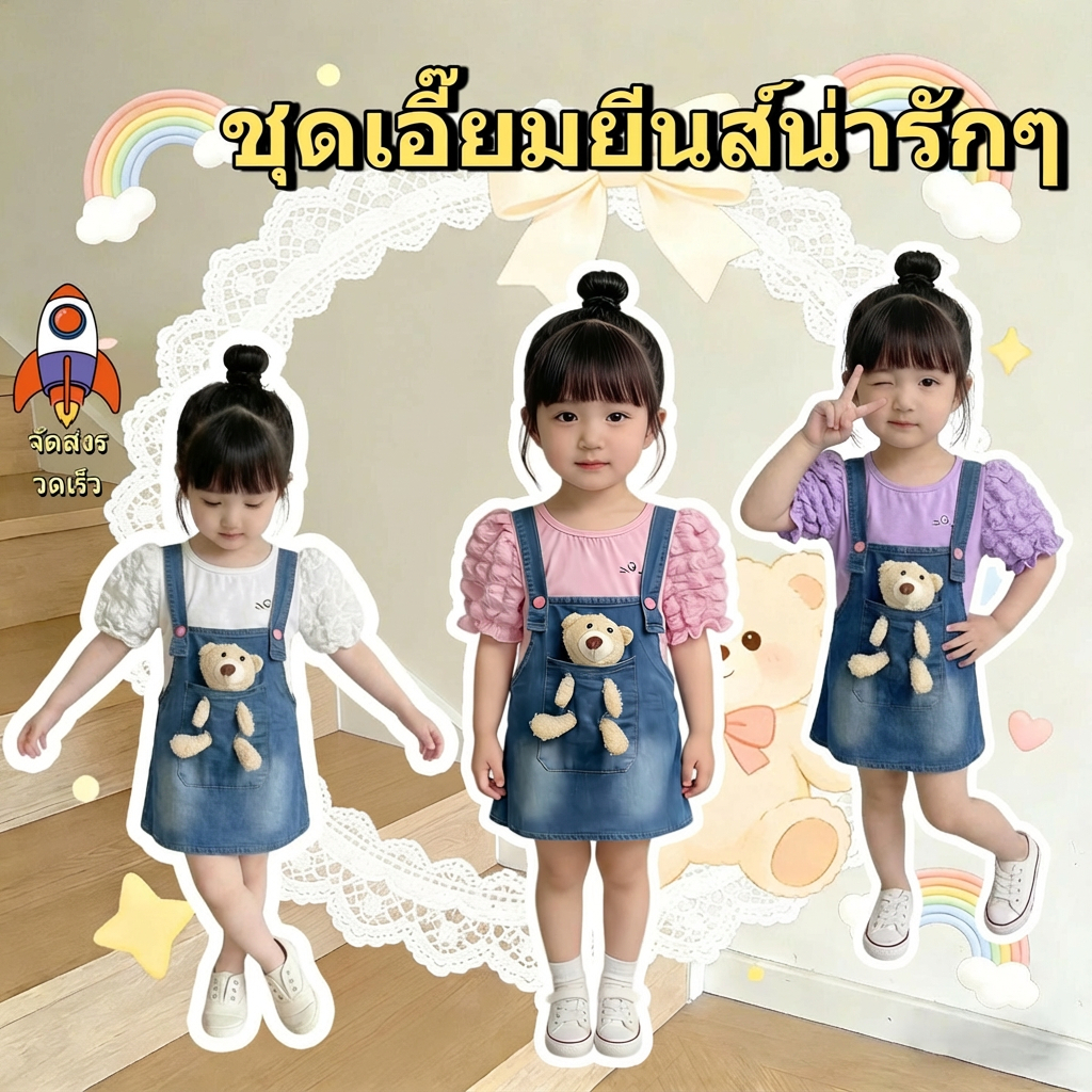 ชุดเอี๊ยมกระโปรงยีนส์เด็กแถมตุ๊กตาหมีน่ารัก ผ้ายีนส์นิ่ม สไตล์เกาหลีน่ารักสุดๆ ทีมลูกสาวคือต้องมี ใส่แล้วน่ารักม