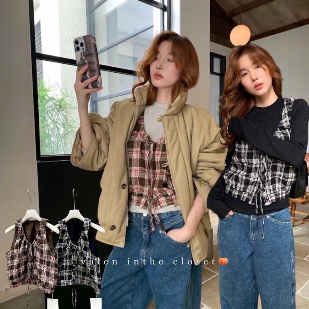 ส่งด่วน 🛵 6466 𝗣𝗟𝗔𝗜𝗗 𝗖𝗛𝗘𝗖𝗞 𝗟𝗔𝗬𝗘𝗥 𝗩𝗘𝗦𝗧 เสื้อกั๊กลายสก็อต ดีไซน์ผูกด้านหน้า