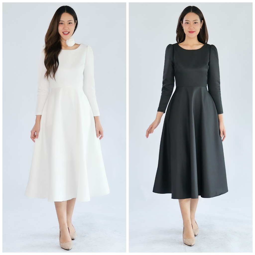 LX9115 : ออนนี่ midi dress แขนยาว แต่งเข็มกลัดกุหลาบชุดไปงานแต่ง ชุดออกงาน เดรสเพื่อนเจ้าสาว [LUXURY7