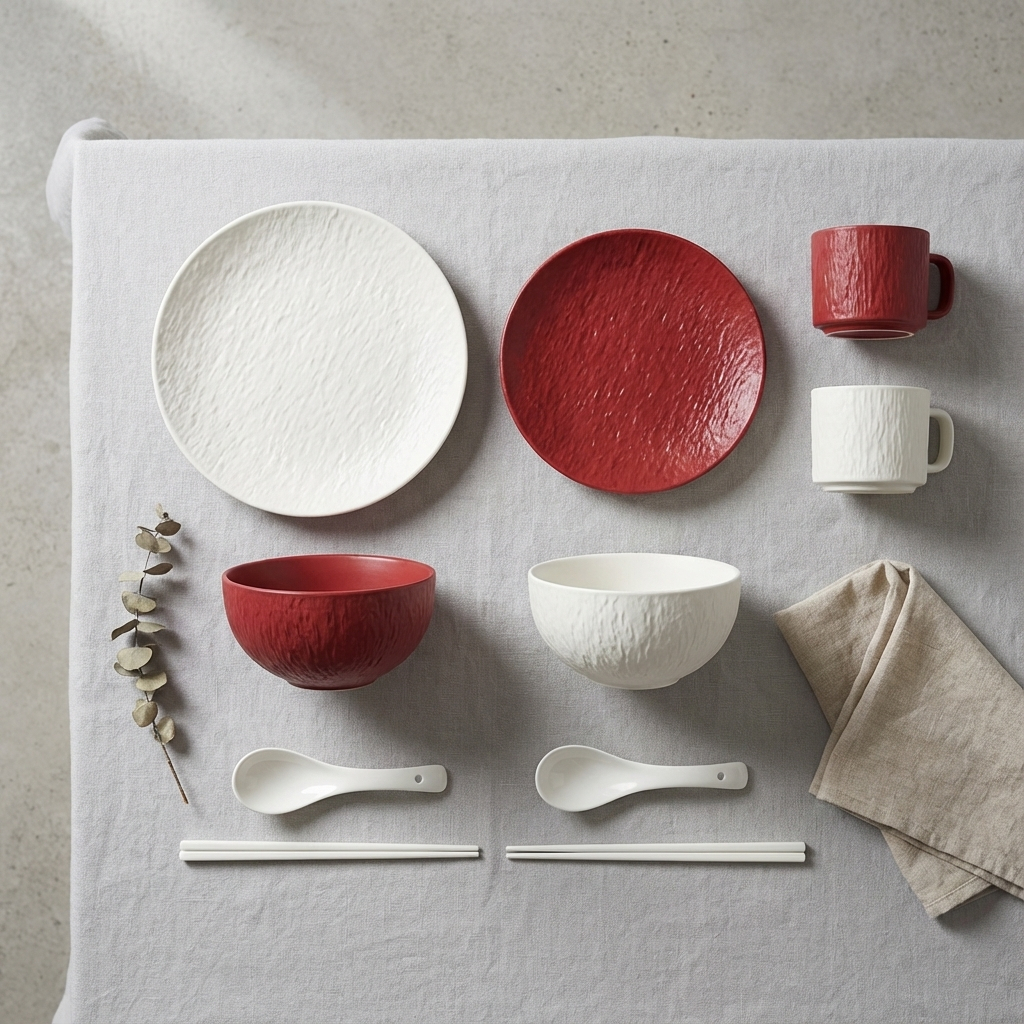 ชุดจานชามเซรามิก ลายหินแดงขาว 🍽️ จานตื้น ถ้วยข้าว สวยมินิมอล เข้าไมโครเวฟได้ ✨ ของขวัญขึ้นบ้านใหม่ หรูหรา - รูปที่ 5