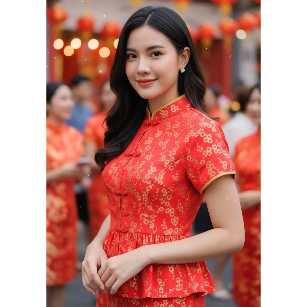 อก34-54 นิ้วเสื้อตรุษจีนสีแดง ผ้าฝ้ายพิมพ์ทองลายดอก แขนสั้น - รูปที่ 4