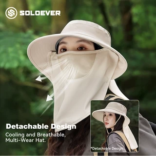 SOLOEVER หมวกกันแดดพร้อมผ้าคลุมหน้าถอดได้ ป้องกัน UV 360 องศา วัสดุระบายอากาศดี หมวกตกปลา หมวกเดินป่า กันแดด