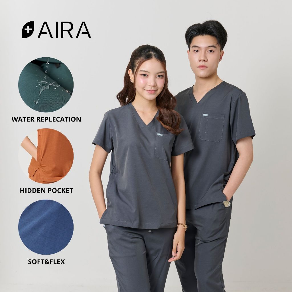 ชุดสครับ พร้อมปักชื่อ สะท้อนน้ำ Aira Scrubs สีเทา