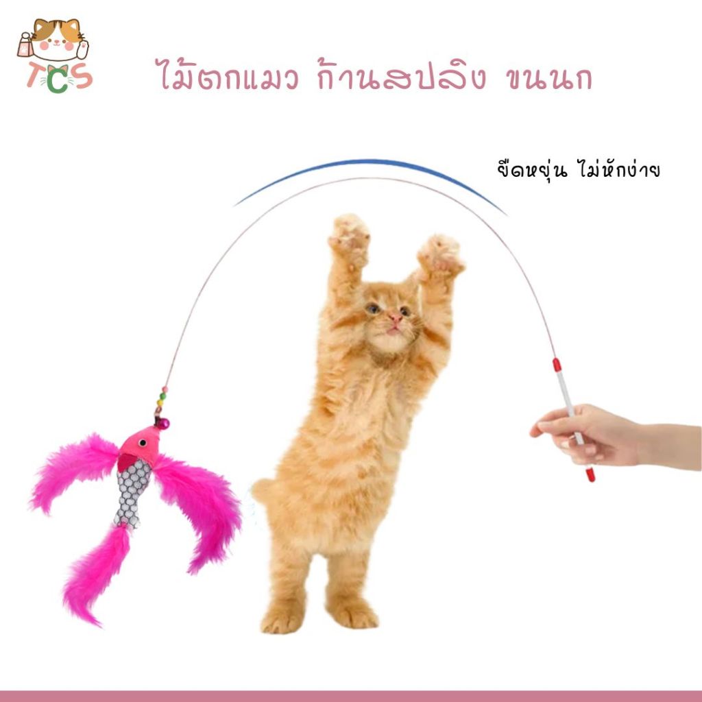 TCS ไม้ตกแมว ก้านสลิง หางขนนก เหนียว ไม่หัก ไม่แตก ไม้ล่อแมวก้านสลิงชมพู ตัวปลา แต่งขนนก สีสันสดใส