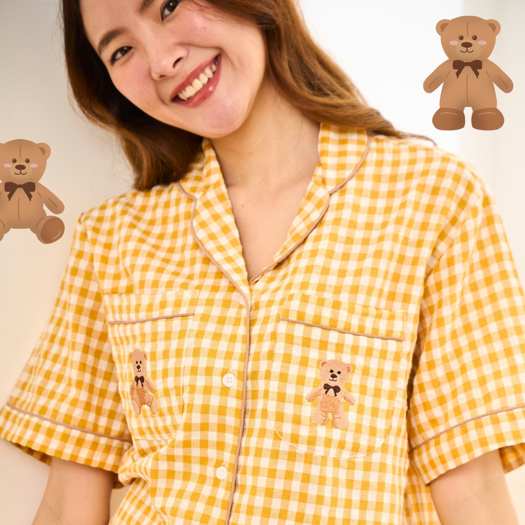 (มีส่งด่วน)Gnight.Butter PJs l ชุดนอนสีเหลือง ลายหมี กันโป๊โนบราได้ ไม่ต้องรีด (มีไซส์ใหญ่)