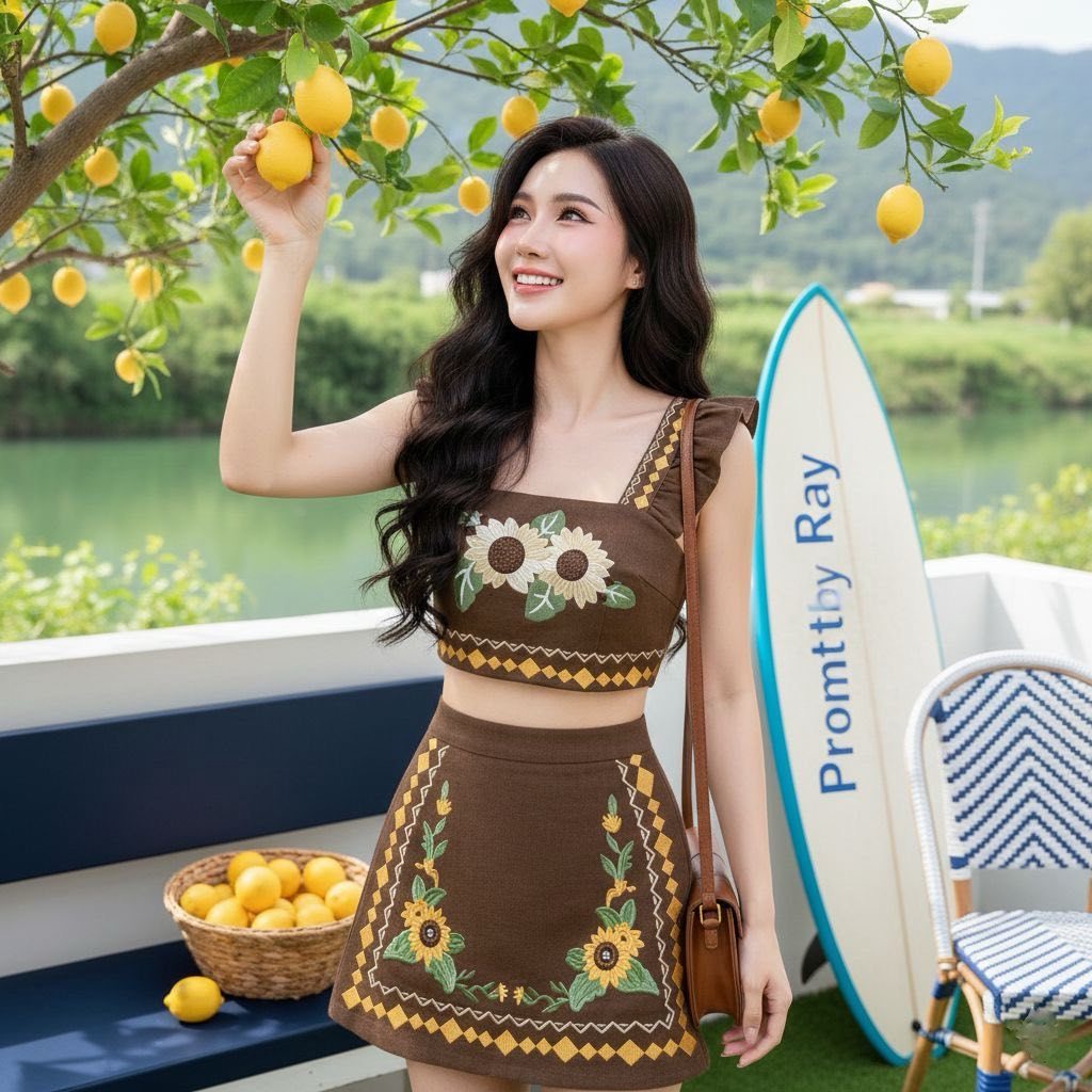 Chaaim Shop ❤️ CA413 ป้ายCher'Ann  เซ็ตเสื้อครอปแขนกุดระบายยีนส์น้ำตาล+กระโปรงสั้น(ซับในกางเกง)