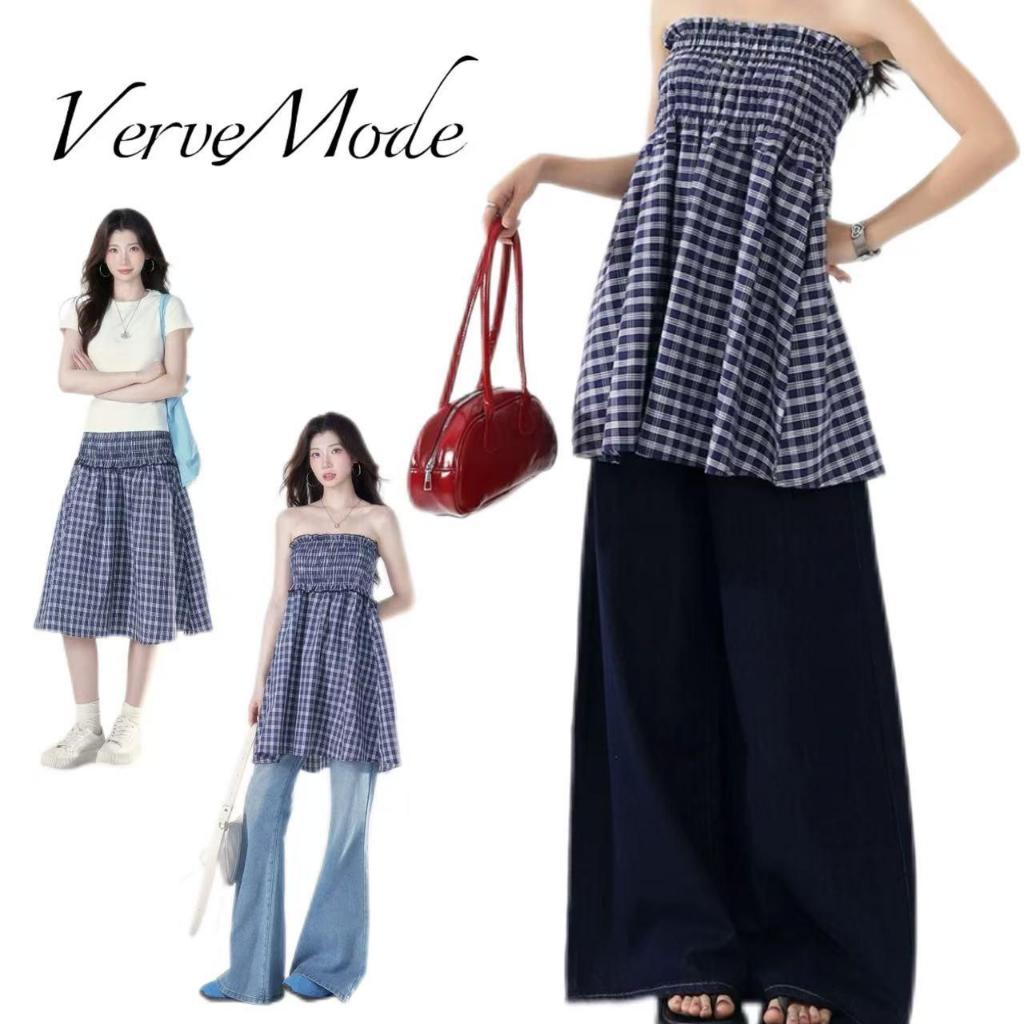 VerveMode.🍓จัดส่งในประเทศไทย🍓ชุดเดรสเกาะอกลายสก๊อตสีฟ้าสำหรับผู้หญิง ดีไซน์ย้อนยุค ฤดูร้อน กระโปรงยาวทรงเอเอวสูง กระโปรง