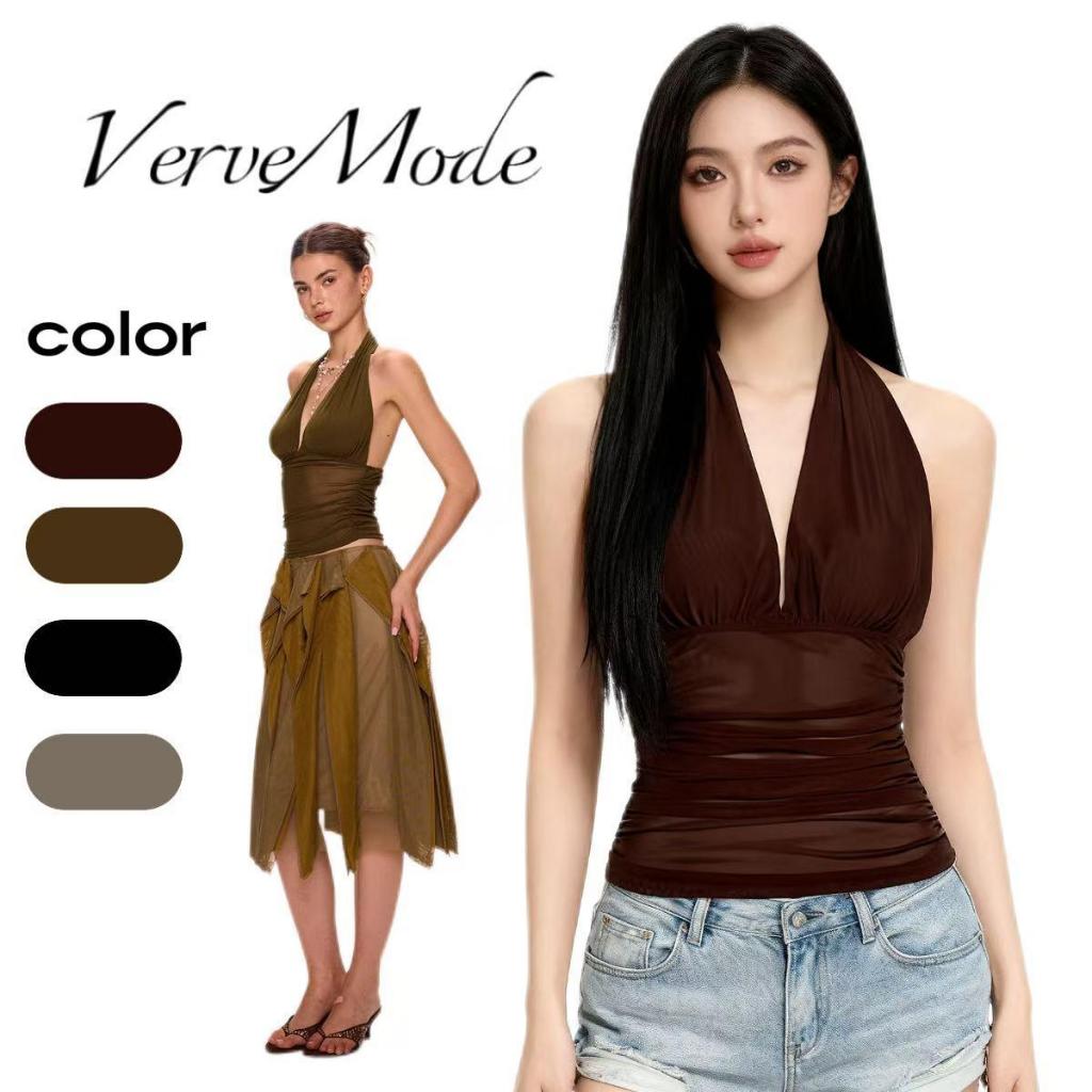 VerveMode.🍓จัดส่งในประเทศไทย🍓เสื้อกั๊กคอวีสีดำด้านหลังเซ็กซี่สำหรับผู้หญิงในฤดูร้อนพร้อมจีบและแขนกุดสวมทับเสื้อตัวนอกทรง