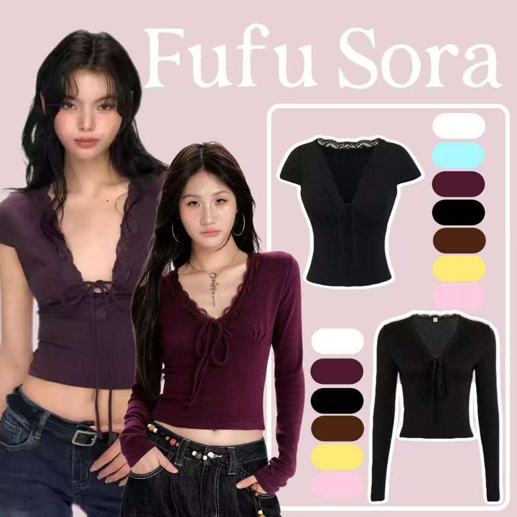 Fufu Sora.TH💕มีในสต็อก💕เสื้อยืดแขนสั้นคอวียางยืดเซ็กซี่เย็บลูกไม้ฤดูร้อน ใหม่