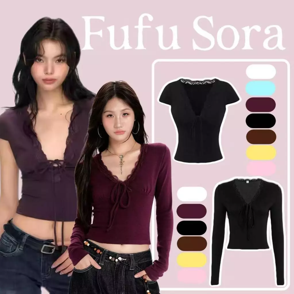 Fufu Sora.TH💕มีในสต็อก💕เสื้อยืดแขนสั้นคอวียางยืดเซ็กซี่เย็บลูกไม้ฤดูร้อน ใหม่