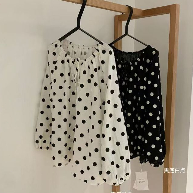 ❤easy❤เสื้อเชิ้ตสไตล์เกาหลีแขนยาวลายจุด คอสี่เหลี่ยมมีเชือกมัด แขนฟู ผ้าลายริ้ว ทรงหลวม ใส่ไปเที่ยวได้