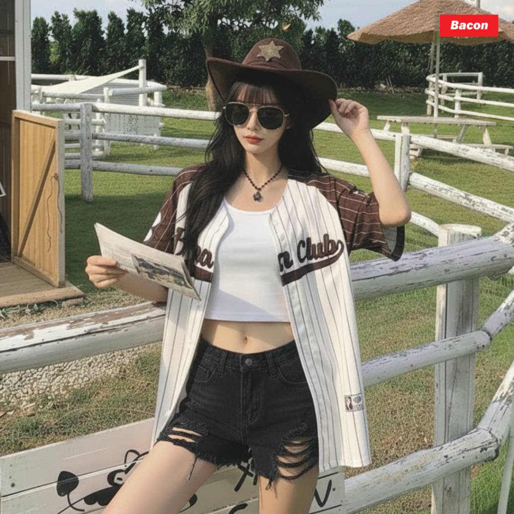 เสื้อแฟชั่น เสื้อกีฬาเบสบอล BACON CLUB10  มีกระดุม ใส่ได้ทั้งชาย-หญิง