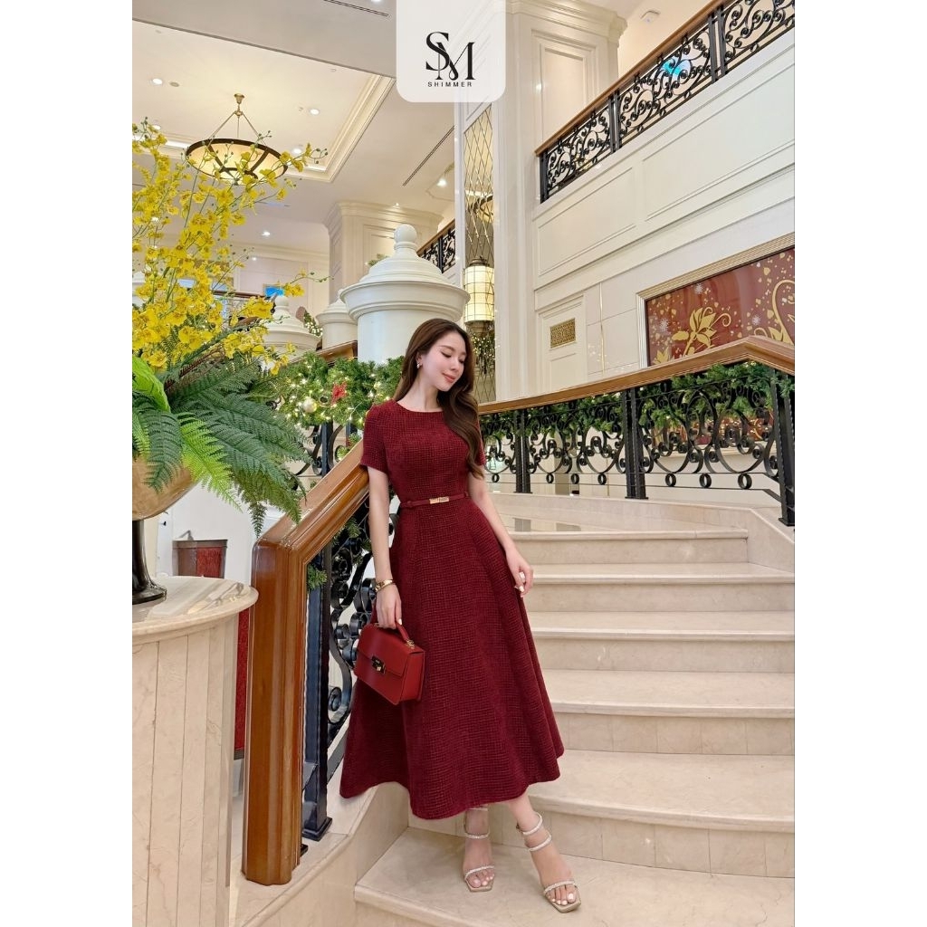 พร้อมส่ง ดำ ม่วง ชมพู แดง ivory/   Shimmer เดรสออกงานเรียบหรูผ้าทวิต รูปที่ 6