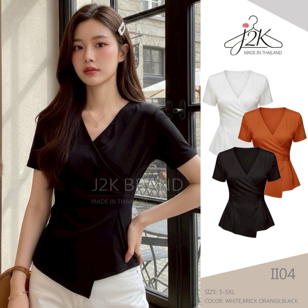 J2K▪II04🤎 [S-5XL] เสื้อทำงานสาวอวบทรงเข้ารูป (ผ้าไม่ยืด) คอวีสไตล์เกาหลี ชายเสื้อปล่อยระบาย รอบอกตั้งแต่ 32-62 นิ้ว