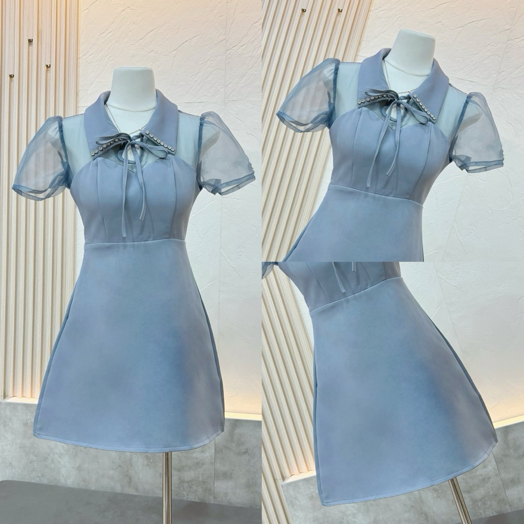 A054 LUNA.BRAND ชุดเดรสกระโปรงคอปกผูกโบว์แต่งเพชรคริสตัล แขนตุ๊กตาผ้าชีฟอง เรียบหรูผู้ดีสุดๆ ใส่ออกงาน คาเฟ่ ทำงาน - รูปที่ 5