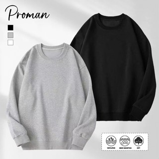 PROMANเสื้อสเวตเตอร์คอกลมสีพื้นทรงหลวม  แบบยูนิเซ็กส์  สไตล์…