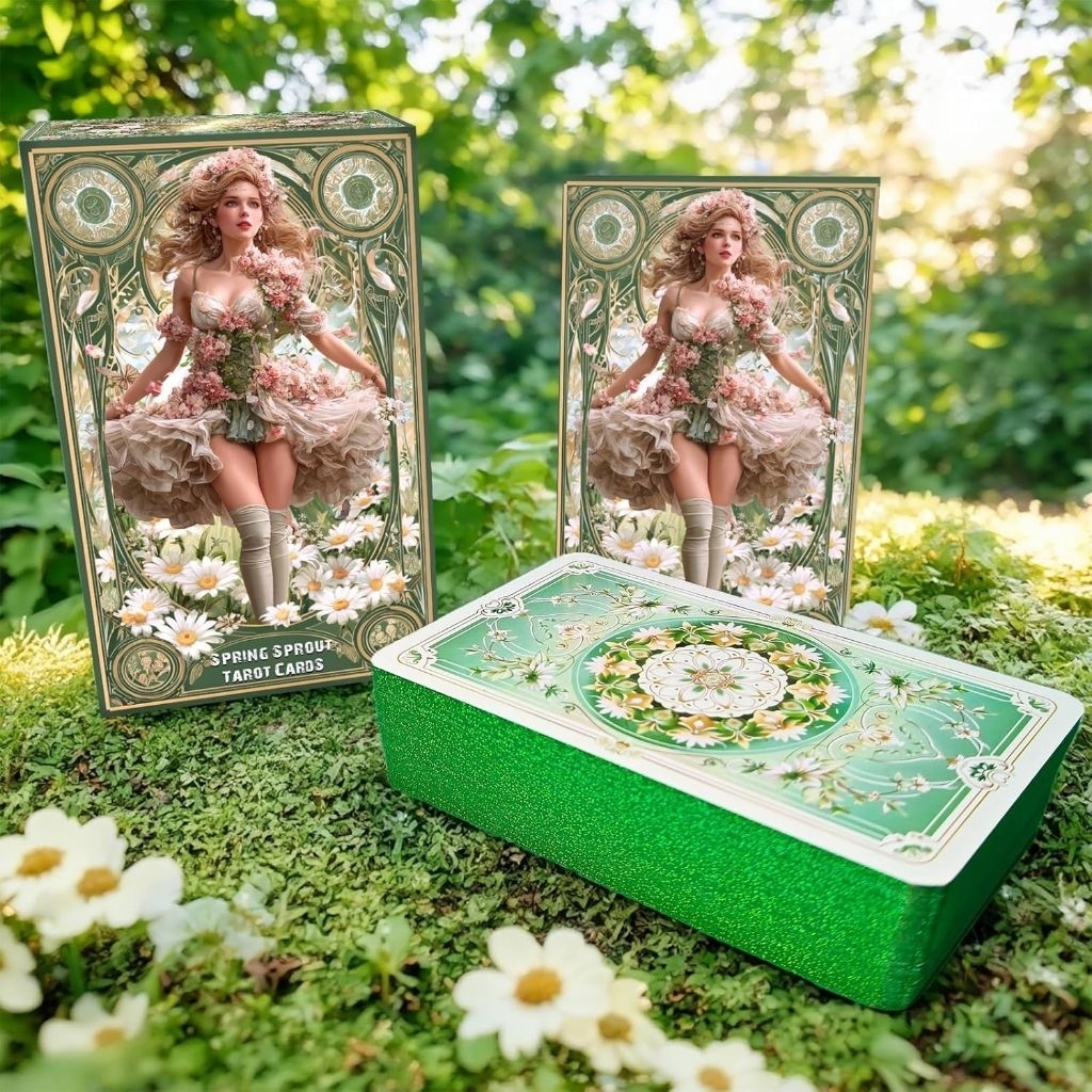 Spring Sprout Tarot ไพ่ยิปซีแท้ขอบสีเขียวกลิตเตอร์หรูหรา ไพ่ยิปซี ไพ่ทาโร่ต์ Tarot