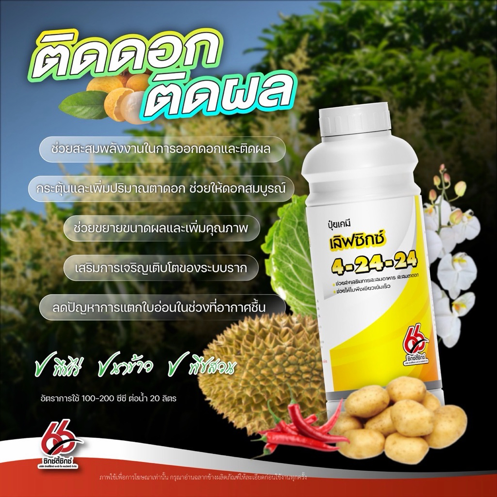 เลิฟซิกซ์ 4-24-24 ปุ๋ยน้ำ ตราซิกซ์ตี้ซิกซ์ ขนาด 1ลิตร ไนโตรเจน(N) 4 ฟอสฟอรัส(P) 24 โพแทสเซียม(K) 24