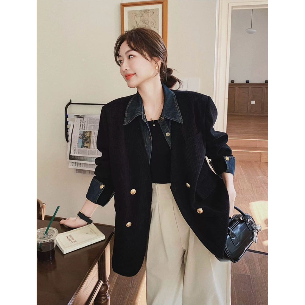 E54 สูทเบเซอแต่งแถบยีนส์ ผ้าริบ งานสุดเก๋ พร้อมส่ง