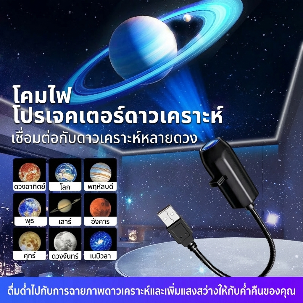 ไฟโปรเจคเตอร์ท้องฟ้าจำลองแบบชาร์จไฟผ่าน USB พร้อมรูปแบบการฉายแสงที่ปรับได้เพื่อสร้างบรรยากาศ ไฟตกแต่งแบบ 3 มิติ